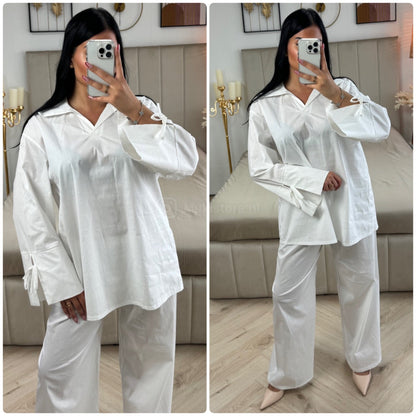 Two-Pieces Set V Neck Slit Sleeve Tie Detail + Wide Leg