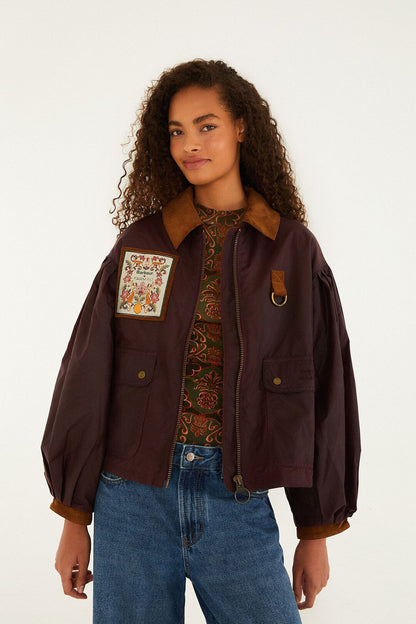 Embroidered Brown Cropped Jacket
