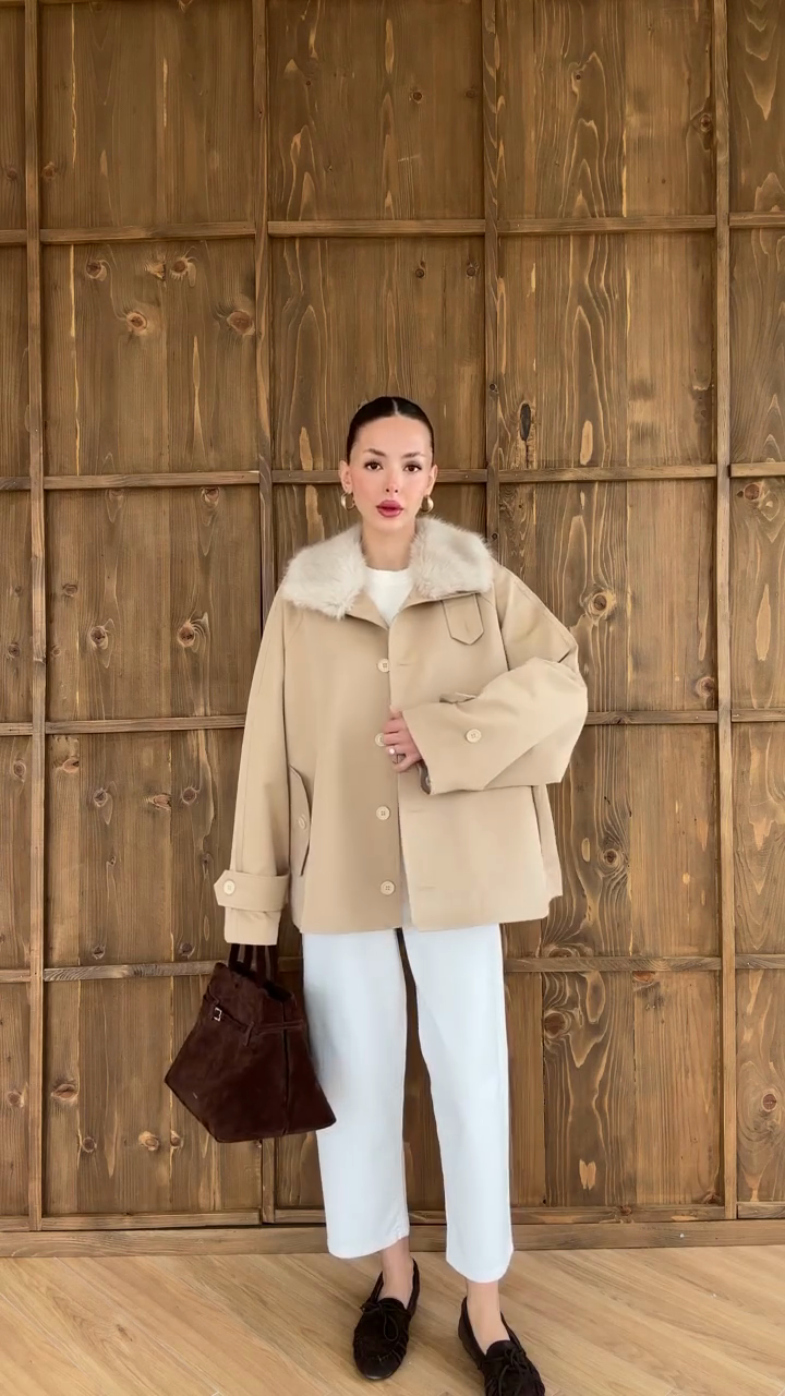 Beige Faux Fur Collar Coat