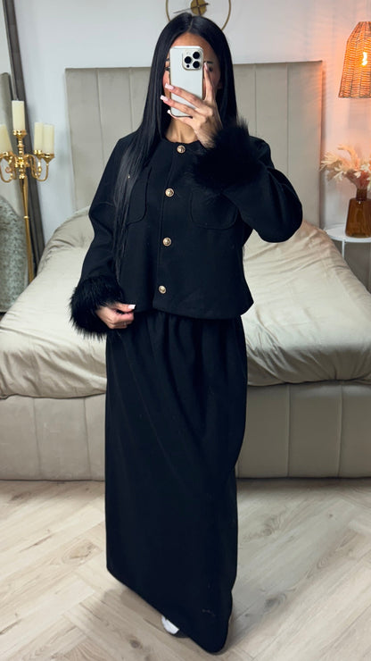 Faux Fur Sleeve Crop Cardigan Button Detail Skirt Set