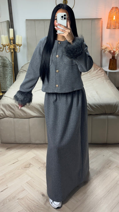 Faux Fur Sleeve Crop Cardigan Button Detail Skirt Set