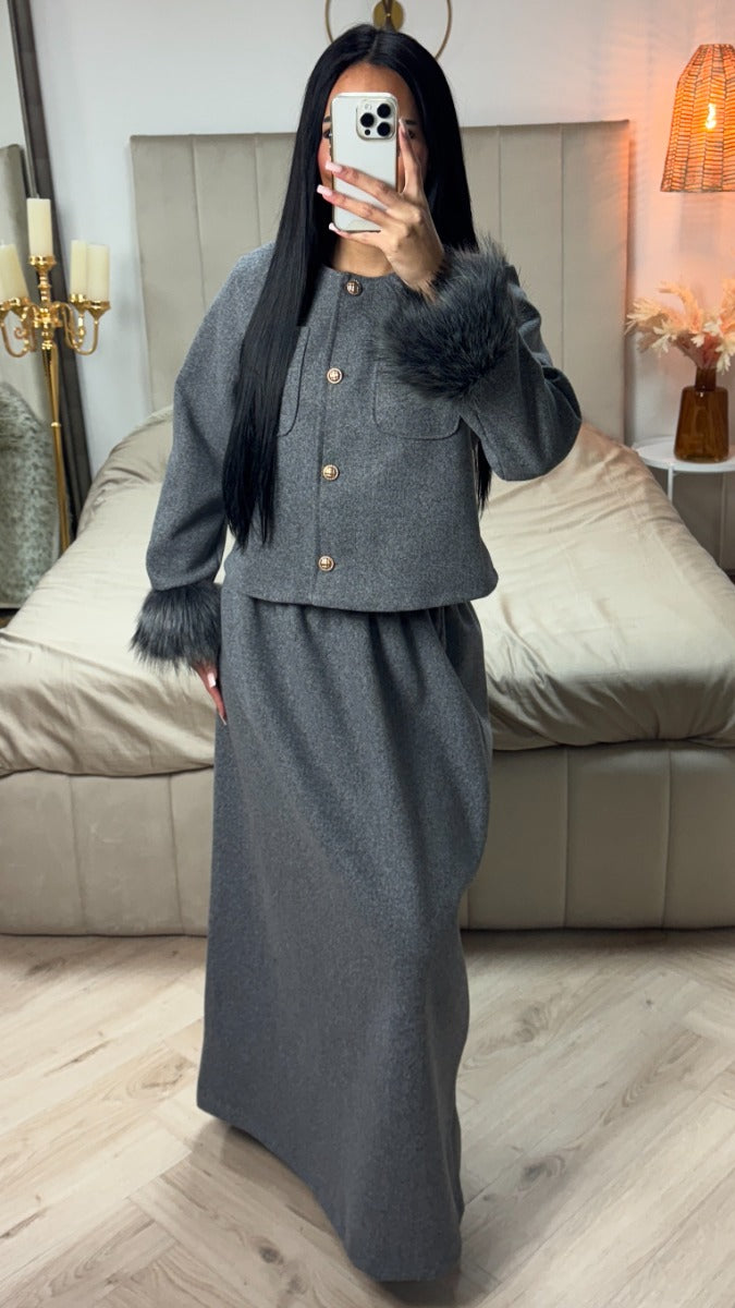 Faux Fur Sleeve Crop Cardigan Button Detail Skirt Set