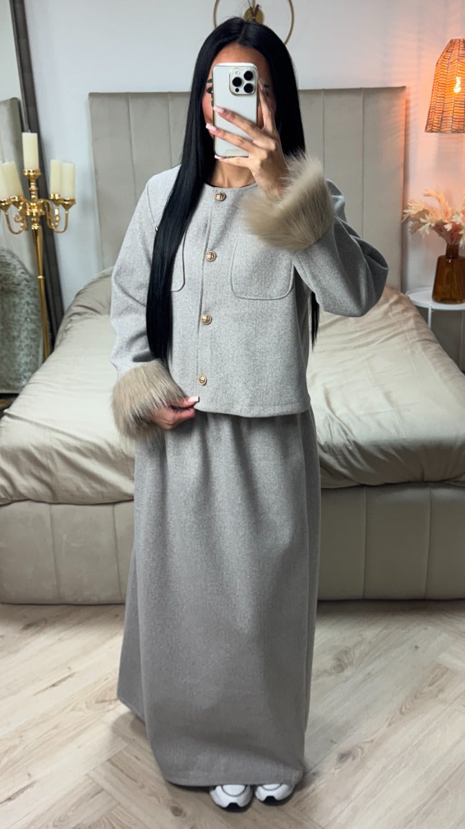 Faux Fur Sleeve Crop Cardigan Button Detail Skirt Set