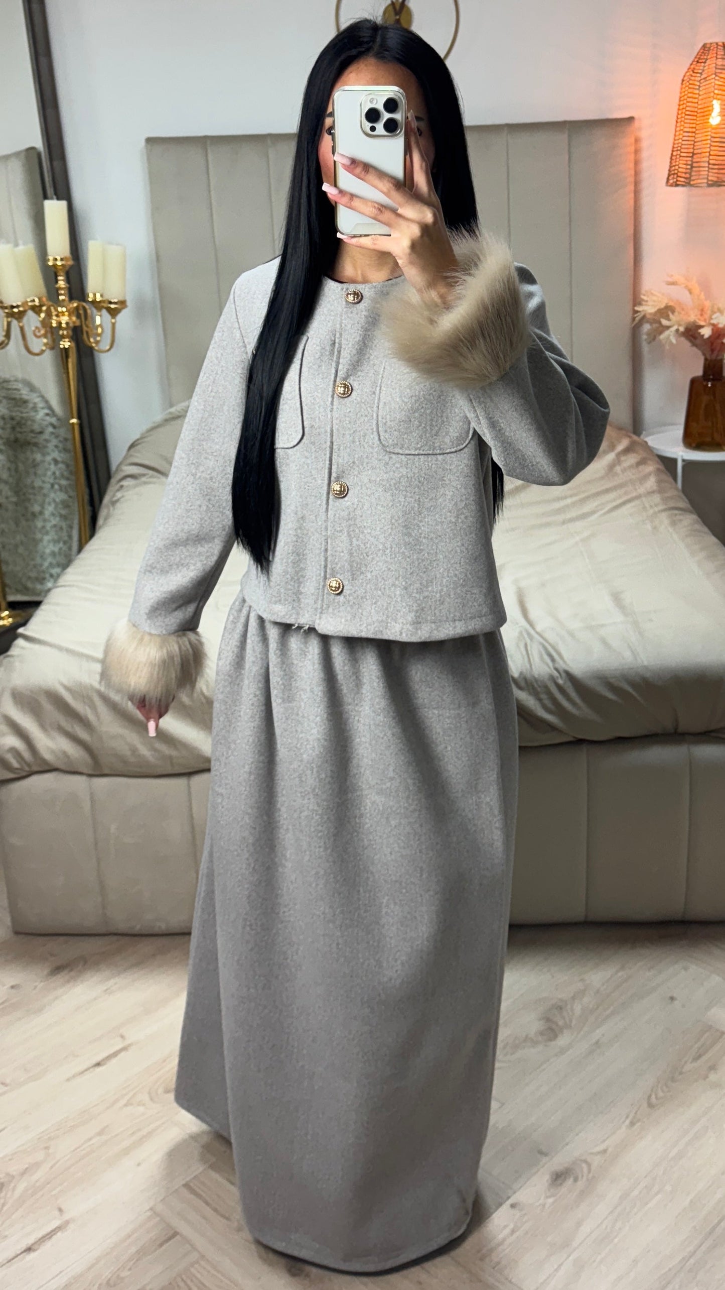 Faux Fur Sleeve Crop Cardigan Button Detail Skirt Set