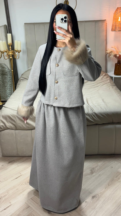 Faux Fur Sleeve Crop Cardigan Button Detail Skirt Set