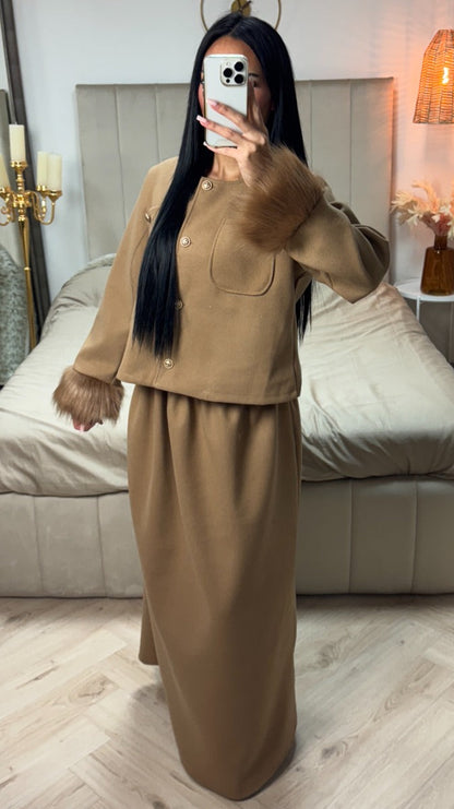 Faux Fur Sleeve Crop Cardigan Button Detail Skirt Set