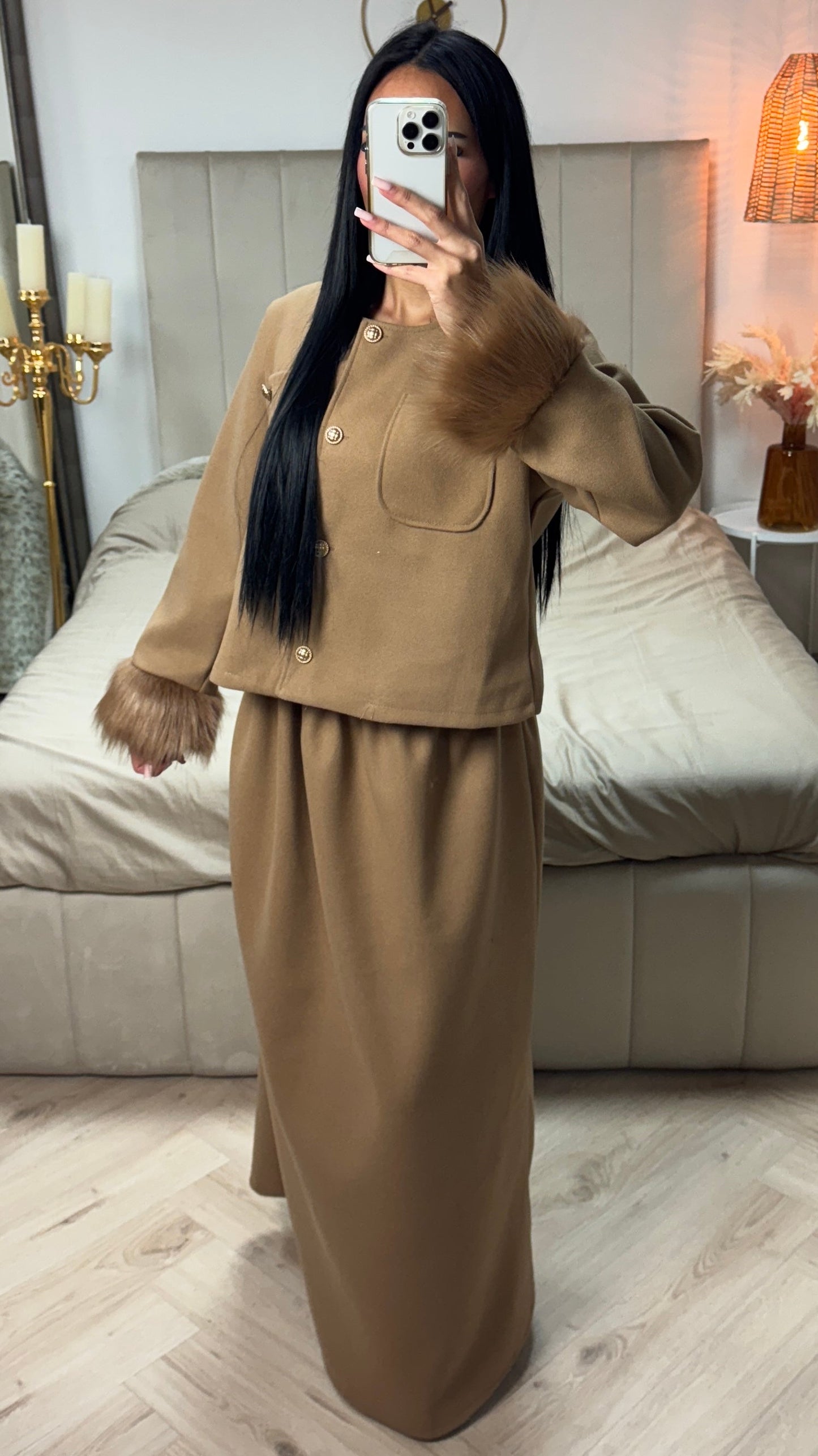 Faux Fur Sleeve Crop Cardigan Button Detail Skirt Set