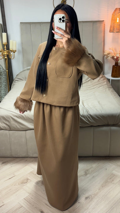 Faux Fur Sleeve Crop Cardigan Button Detail Skirt Set