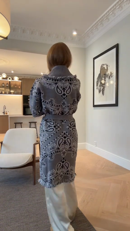 Grey Paisley - Print Fringe - Trimmed Belted Coat