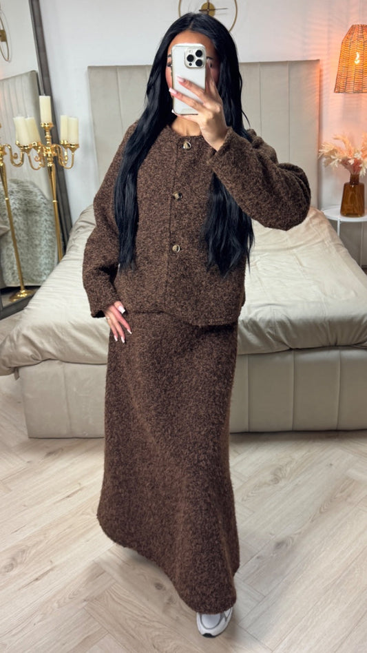 Teddy Coat + Skirt Set Three Buttons Detail