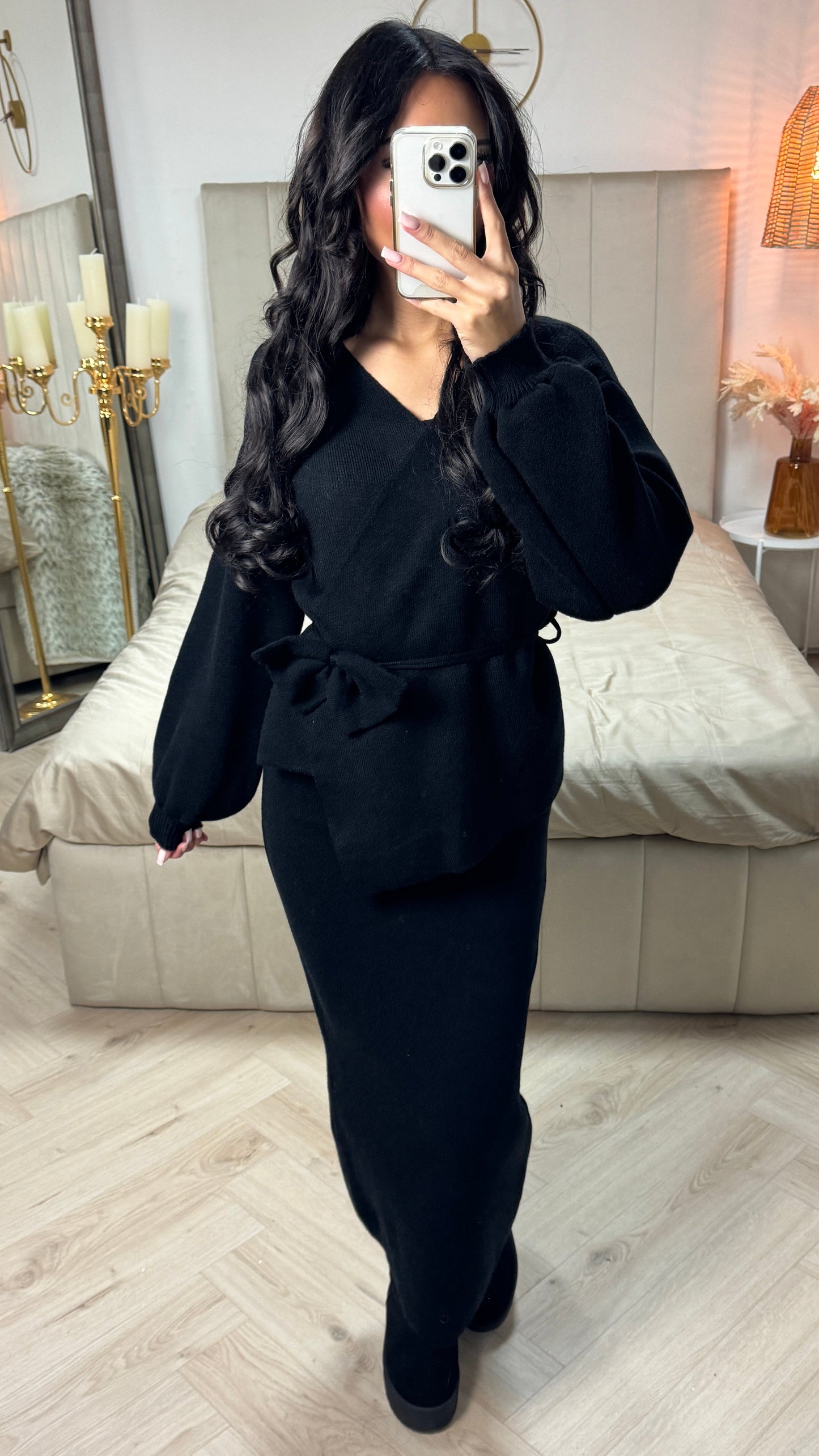 Knitwear V Neck Tie Belt Skirt Set