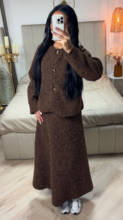 Teddy Coat + Skirt Set Three Buttons Detail