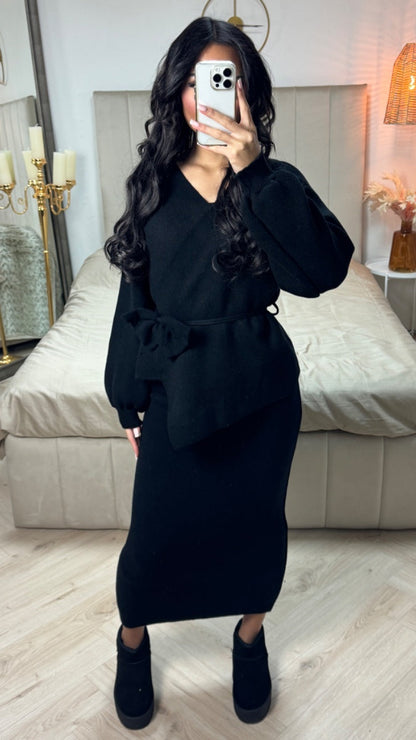 Knitwear V Neck Tie Belt Skirt Set