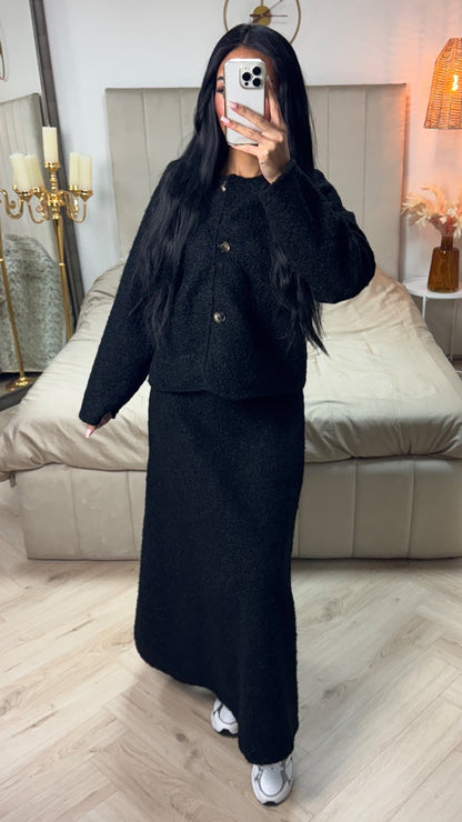 Teddy Coat + Skirt Set Three Buttons Detail