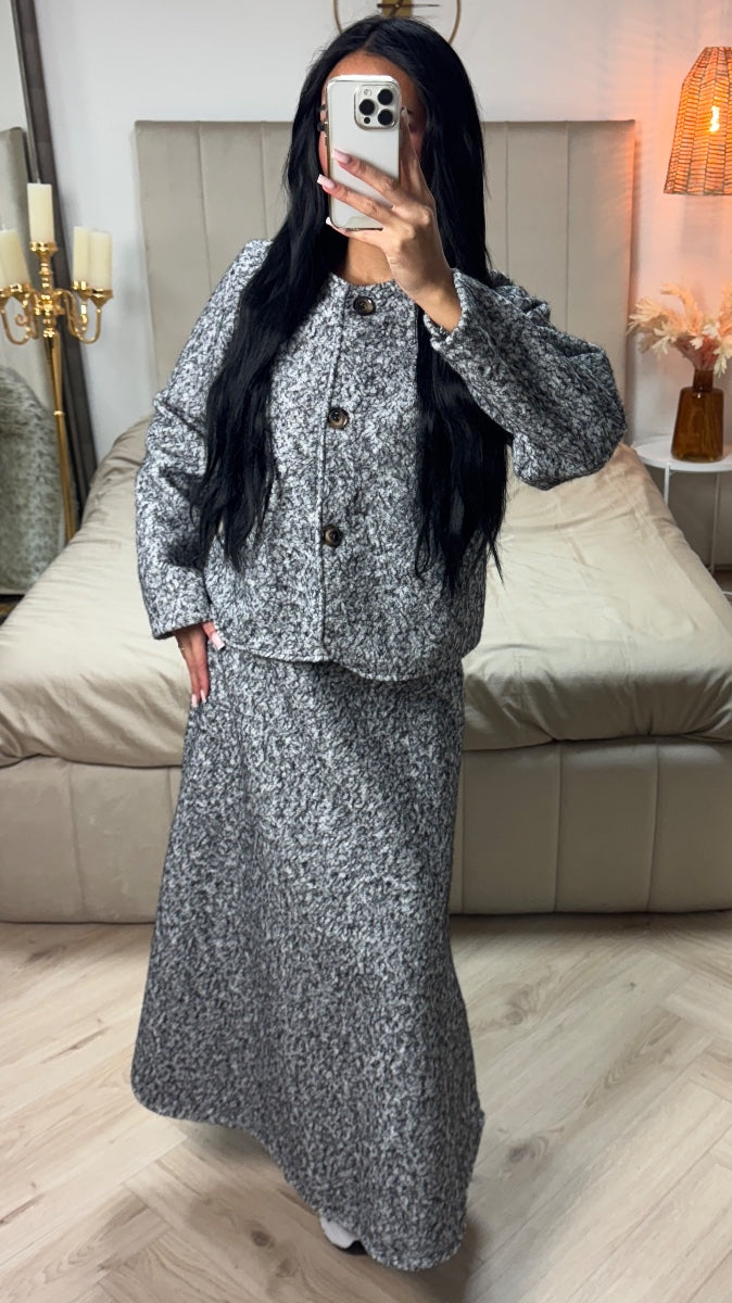 Teddy Coat + Skirt Set Three Buttons Detail