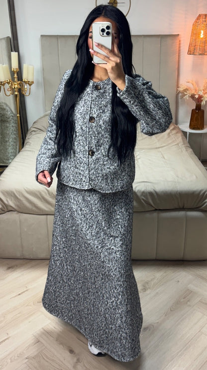 Teddy Coat + Skirt Set Three Buttons Detail