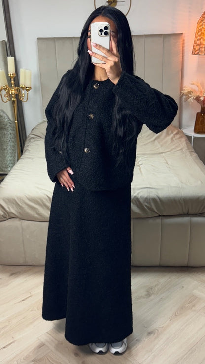 Teddy Coat + Skirt Set Three Buttons Detail