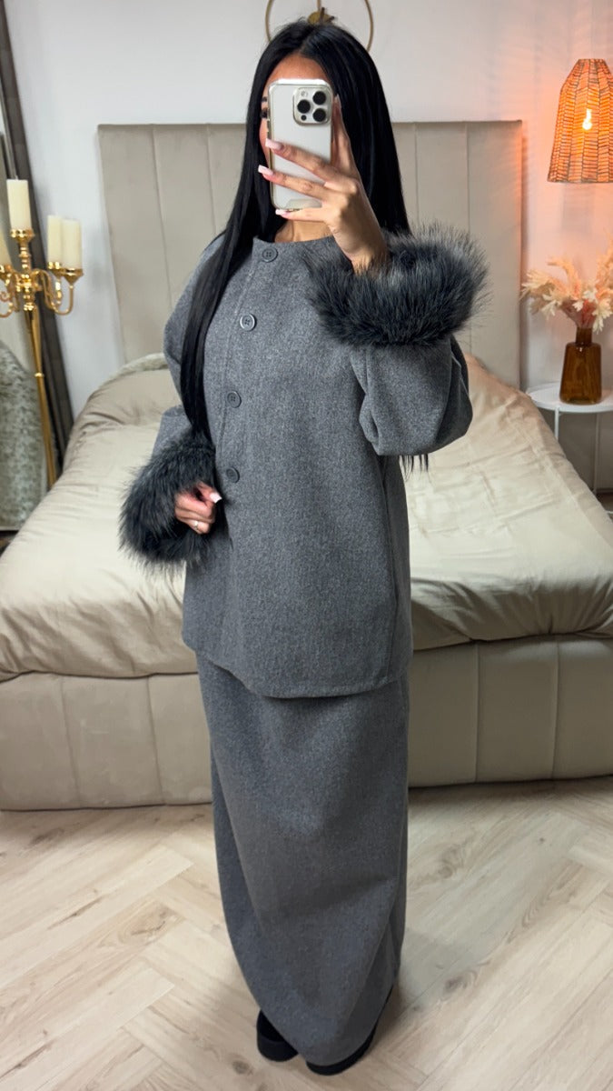 Fur Sleeve Button Cardigan Skirt Set