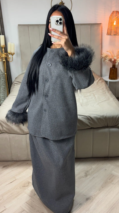 Fur Sleeve Button Cardigan Skirt Set