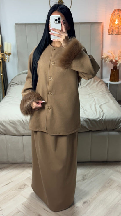 Fur Sleeve Button Cardigan Skirt Set
