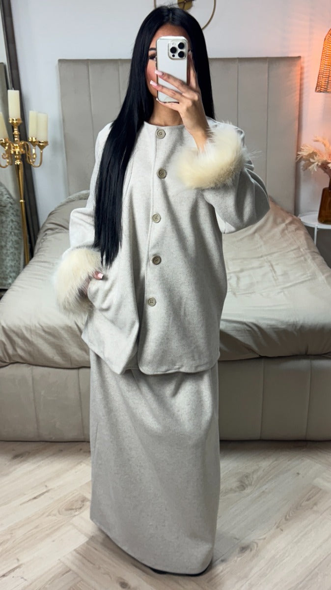 Fur Sleeve Button Cardigan Skirt Set