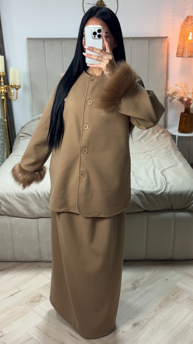 Fur Sleeve Button Cardigan Skirt Set