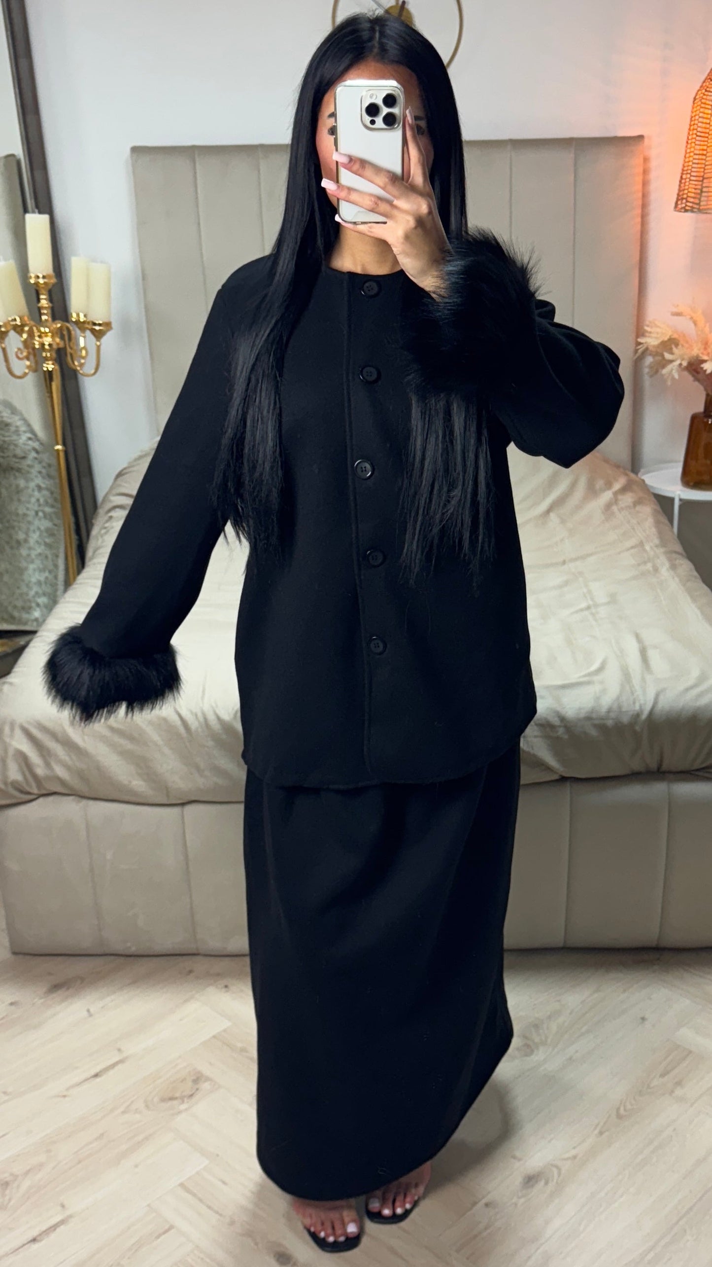 Fur Sleeve Button Cardigan Skirt Set