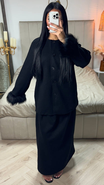 Fur Sleeve Button Cardigan Skirt Set