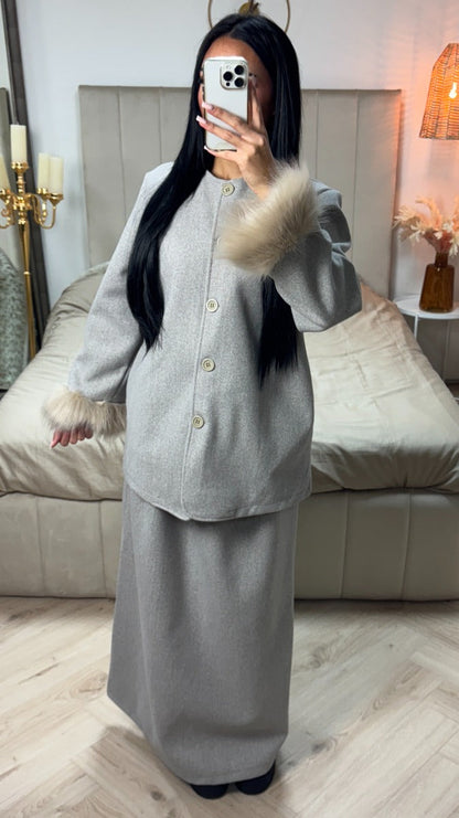Fur Sleeve Button Cardigan Skirt Set