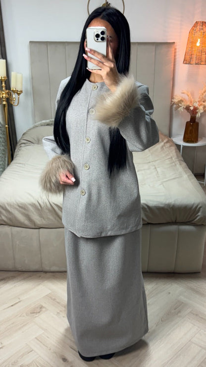 Fur Sleeve Button Cardigan Skirt Set