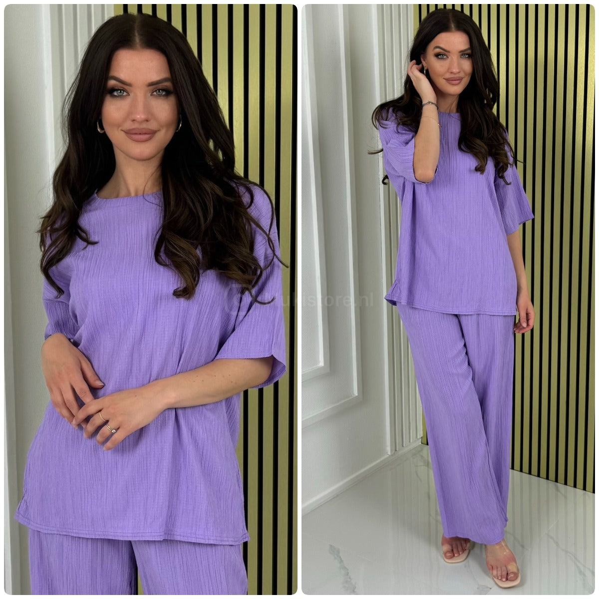 Half Sleeves Stripe Material Basic Wide Leg Set