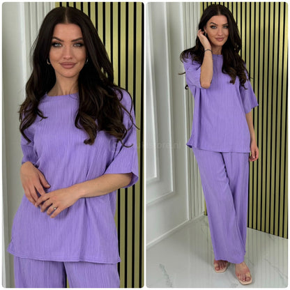 Half Sleeves Stripe Material Basic Wide Leg Set