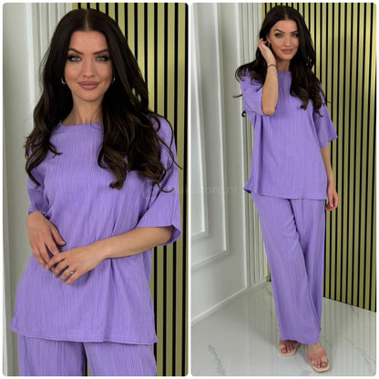 Half Sleeves Stripe Material Basic Wide Leg Set