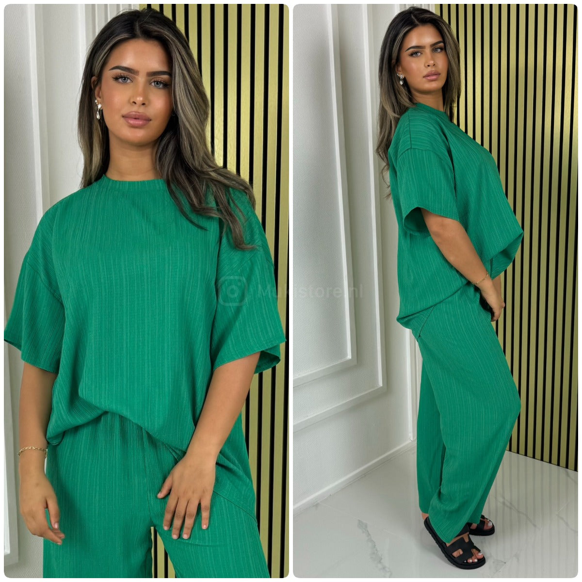 Half Sleeves Stripe Material Basic Wide Leg Set