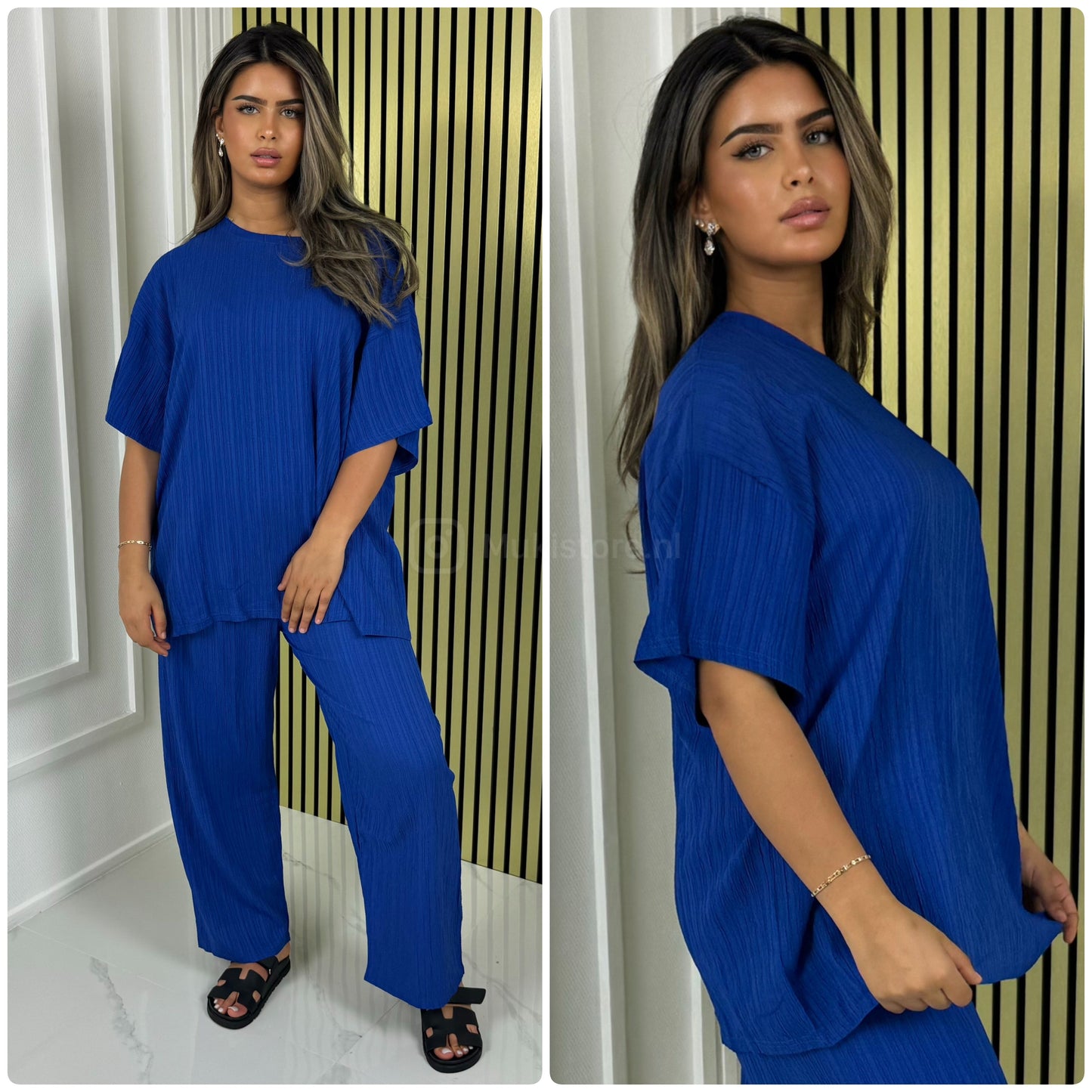 Half Sleeves Stripe Material Basic Wide Leg Set