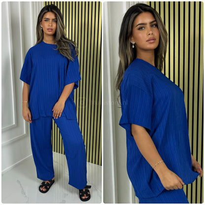 Half Sleeves Stripe Material Basic Wide Leg Set