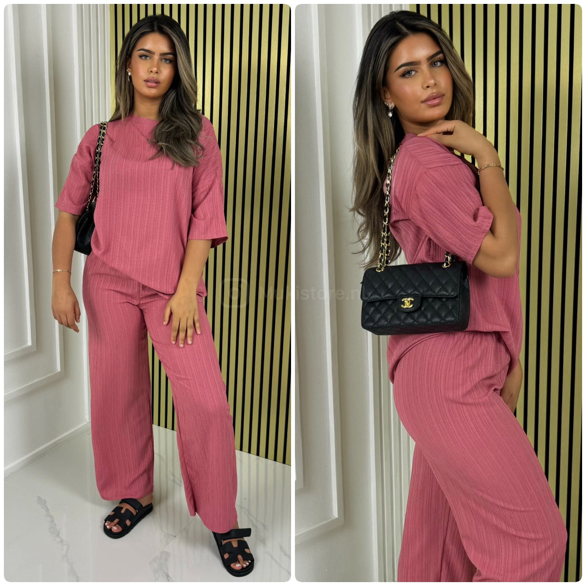 Half Sleeves Stripe Material Basic Wide Leg Set