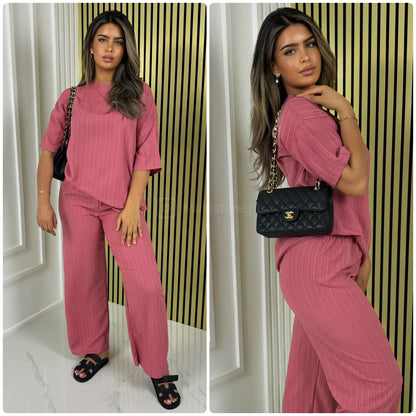 Half Sleeves Stripe Material Basic Wide Leg Set