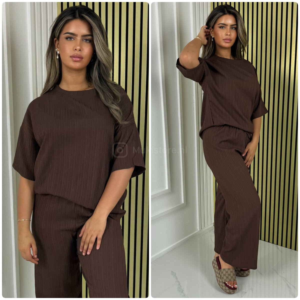 Half Sleeves Stripe Material Basic Wide Leg Set
