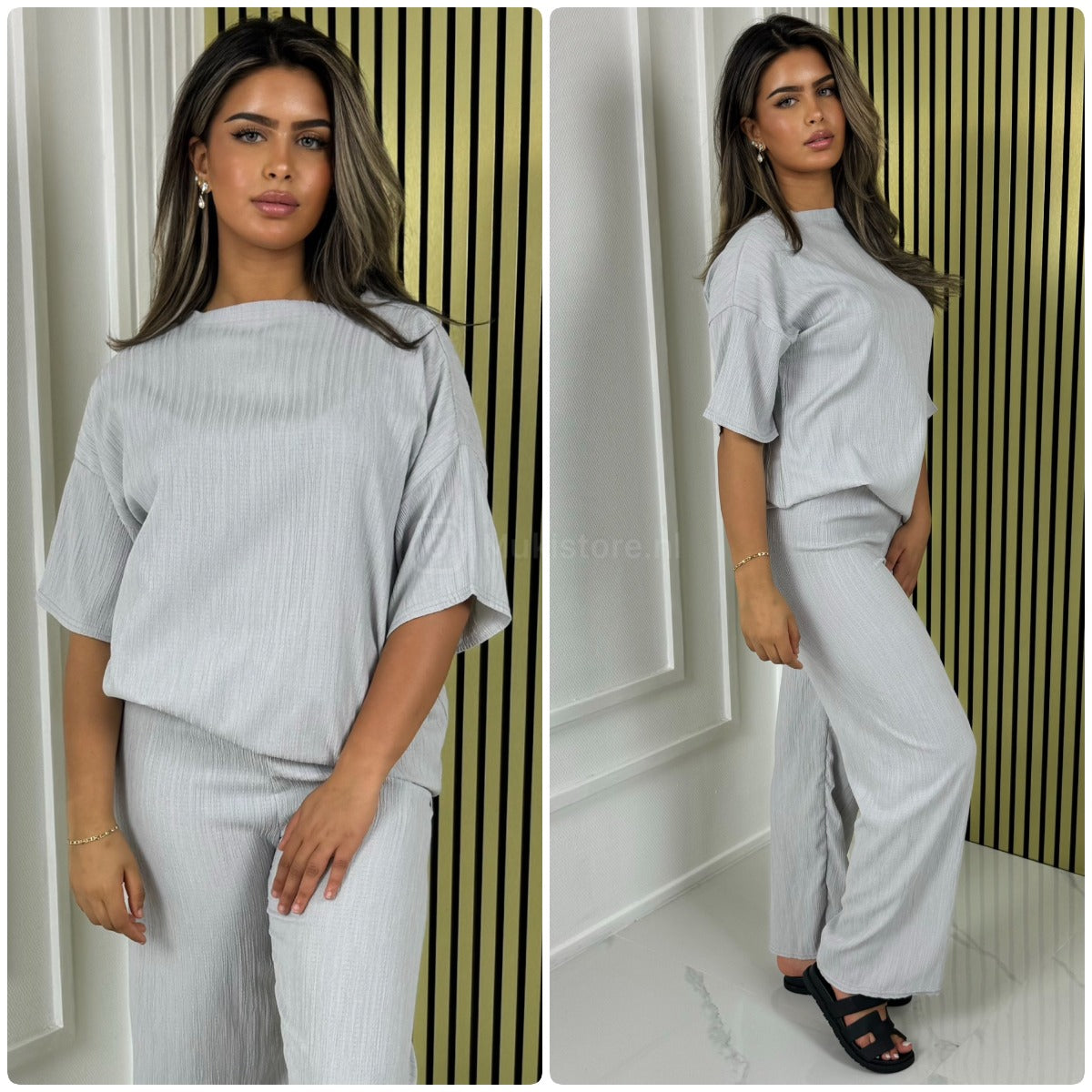 Half Sleeves Stripe Material Basic Wide Leg Set