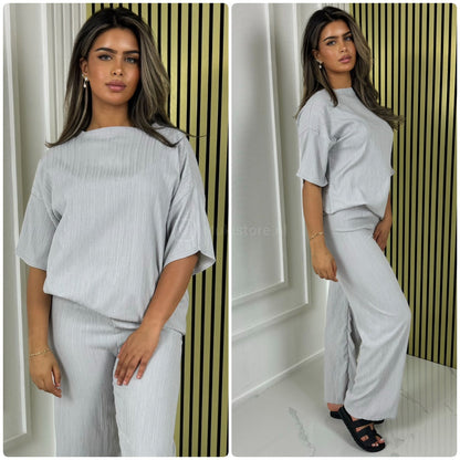 Half Sleeves Stripe Material Basic Wide Leg Set