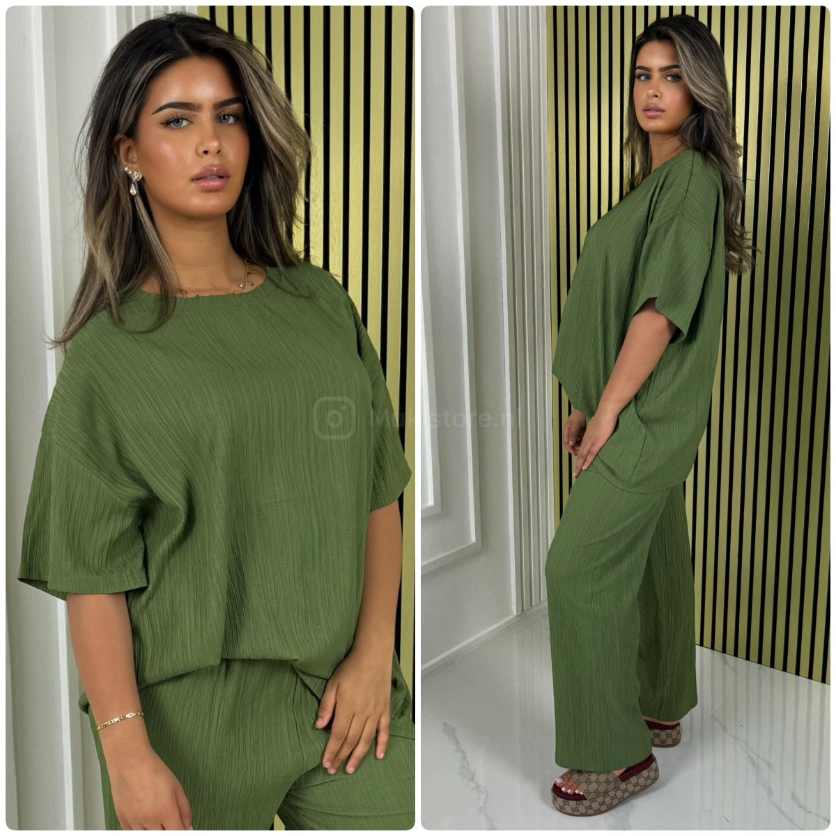 Half Sleeves Stripe Material Basic Wide Leg Set