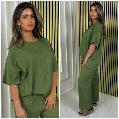 Half Sleeves Stripe Material Basic Wide Leg Set