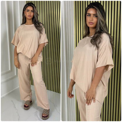 Half Sleeves Stripe Material Basic Wide Leg Set