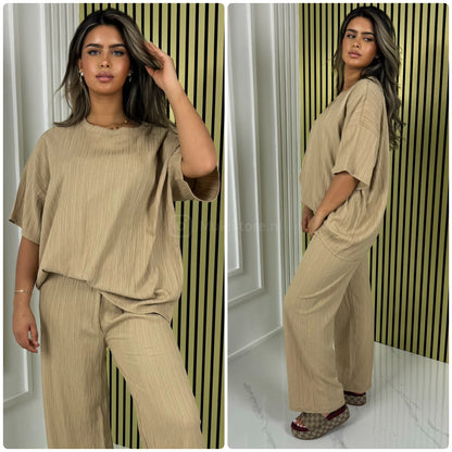 Half Sleeves Stripe Material Basic Wide Leg Set
