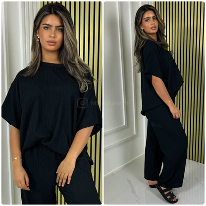 Half Sleeves Stripe Material Basic Wide Leg Set