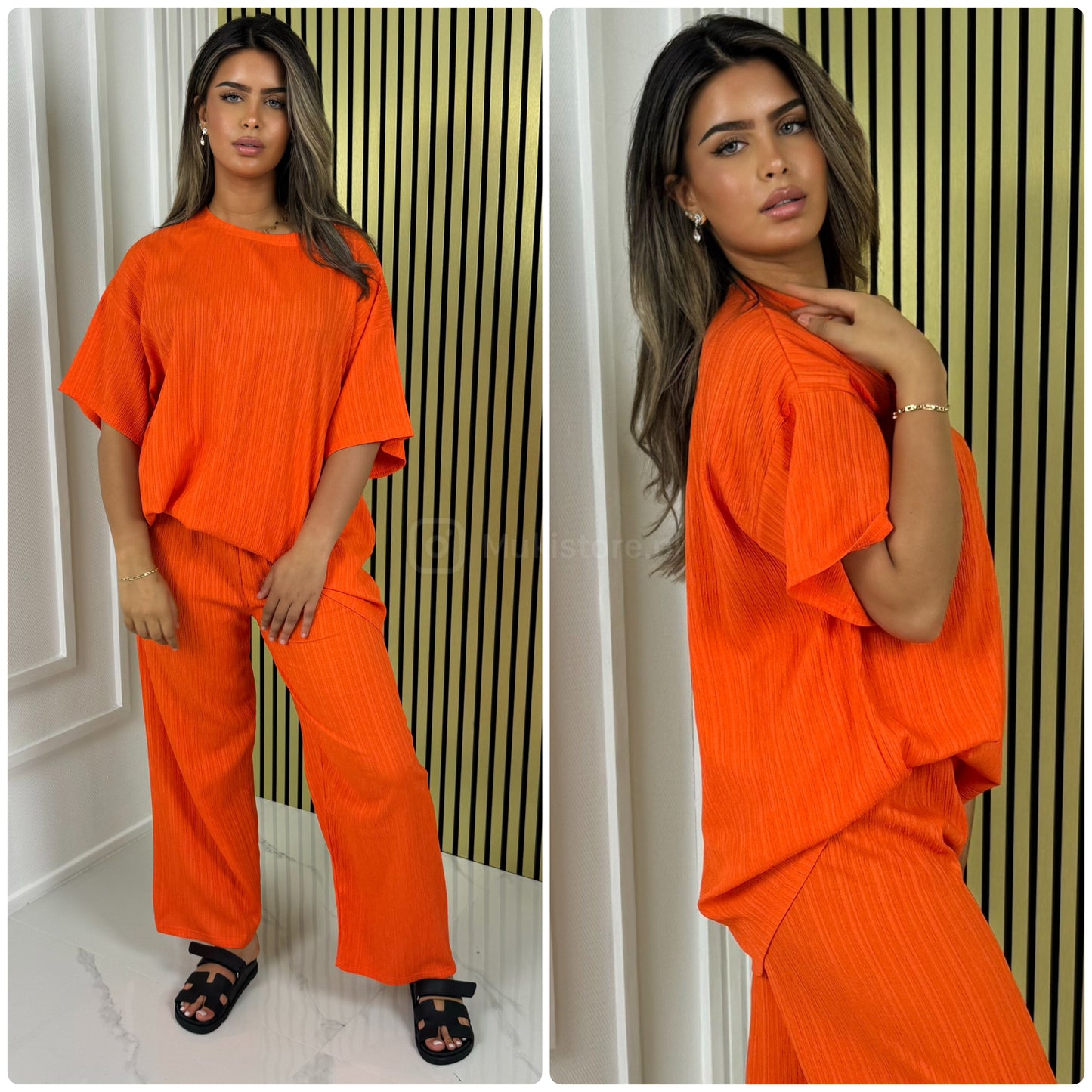 Half Sleeves Stripe Material Basic Wide Leg Set