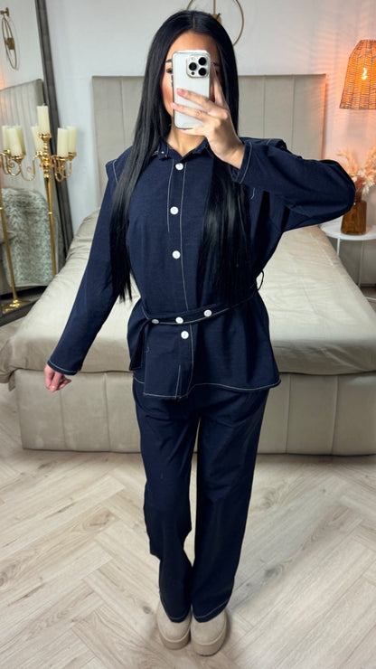 Denim Blouse Set Tie Belt