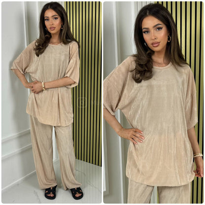 T-shirt Wide Leg Set Shiny Ribbed
