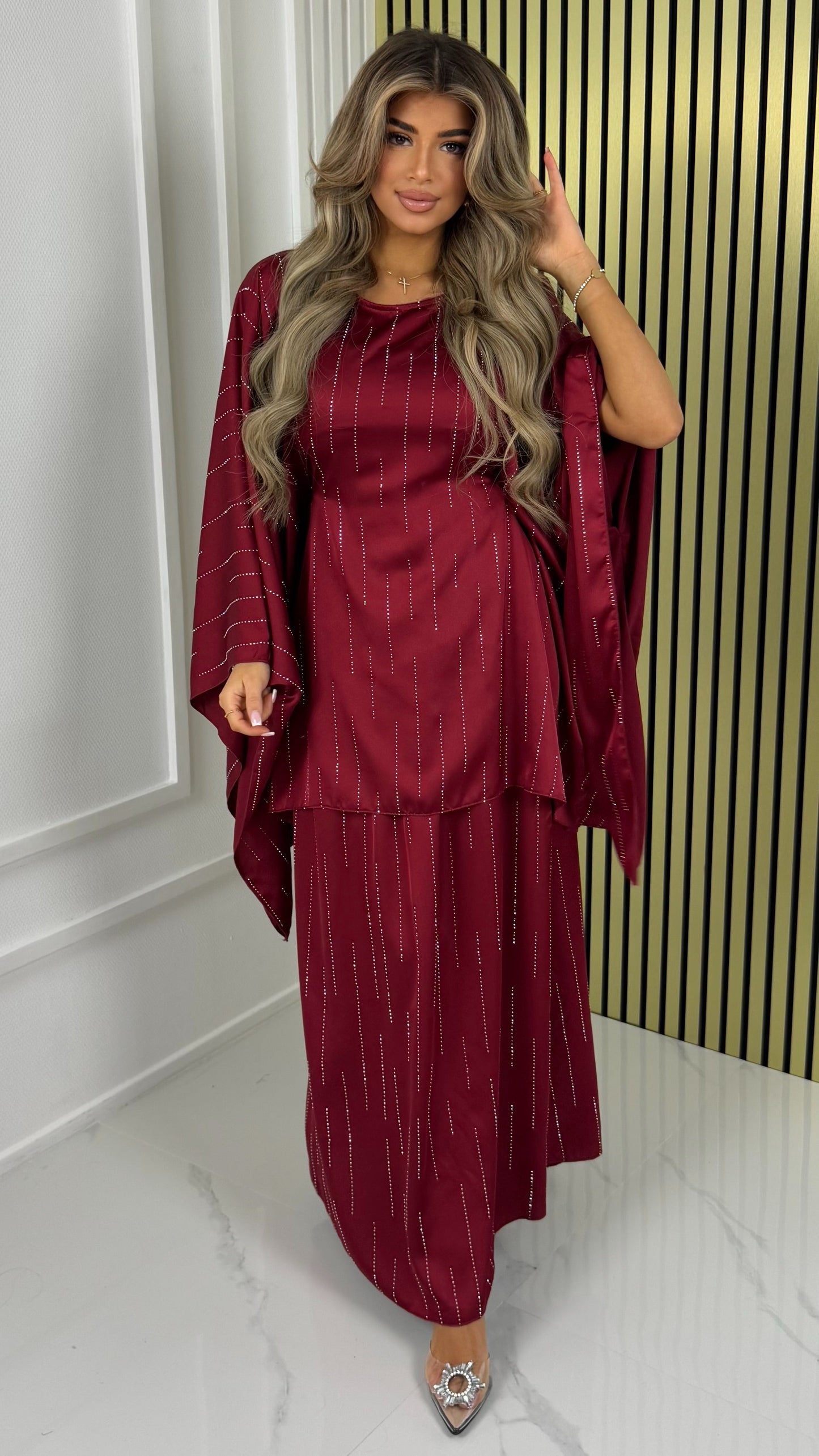 Inside Tie Belt Oversized Strass Butterfly Top + Skirt Set